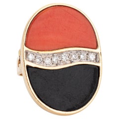 Bague cocktail vintage en or jaune 14 carats, corail, onyx et diamants, taille 5, années 70