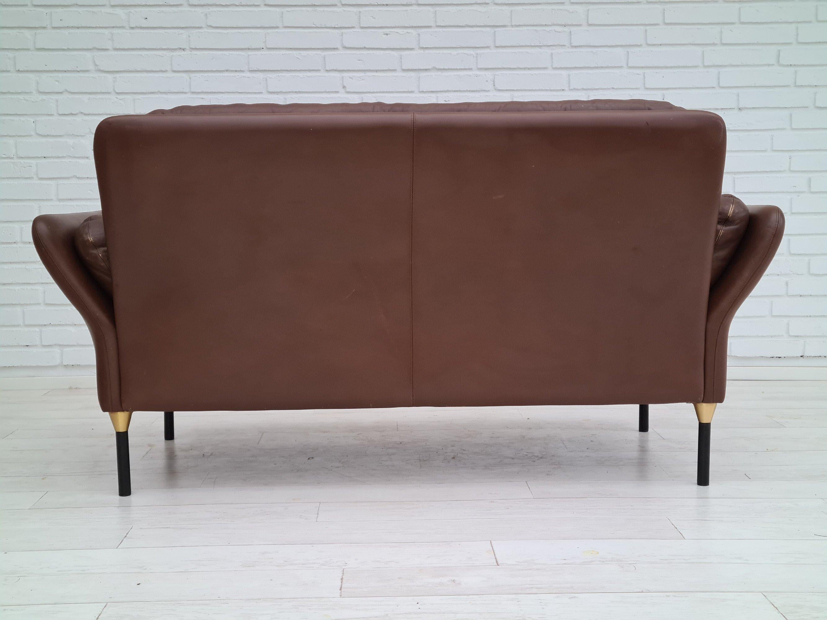 70s, Danish 2-Seater Sofa, Original Brown Leather For Sale 1