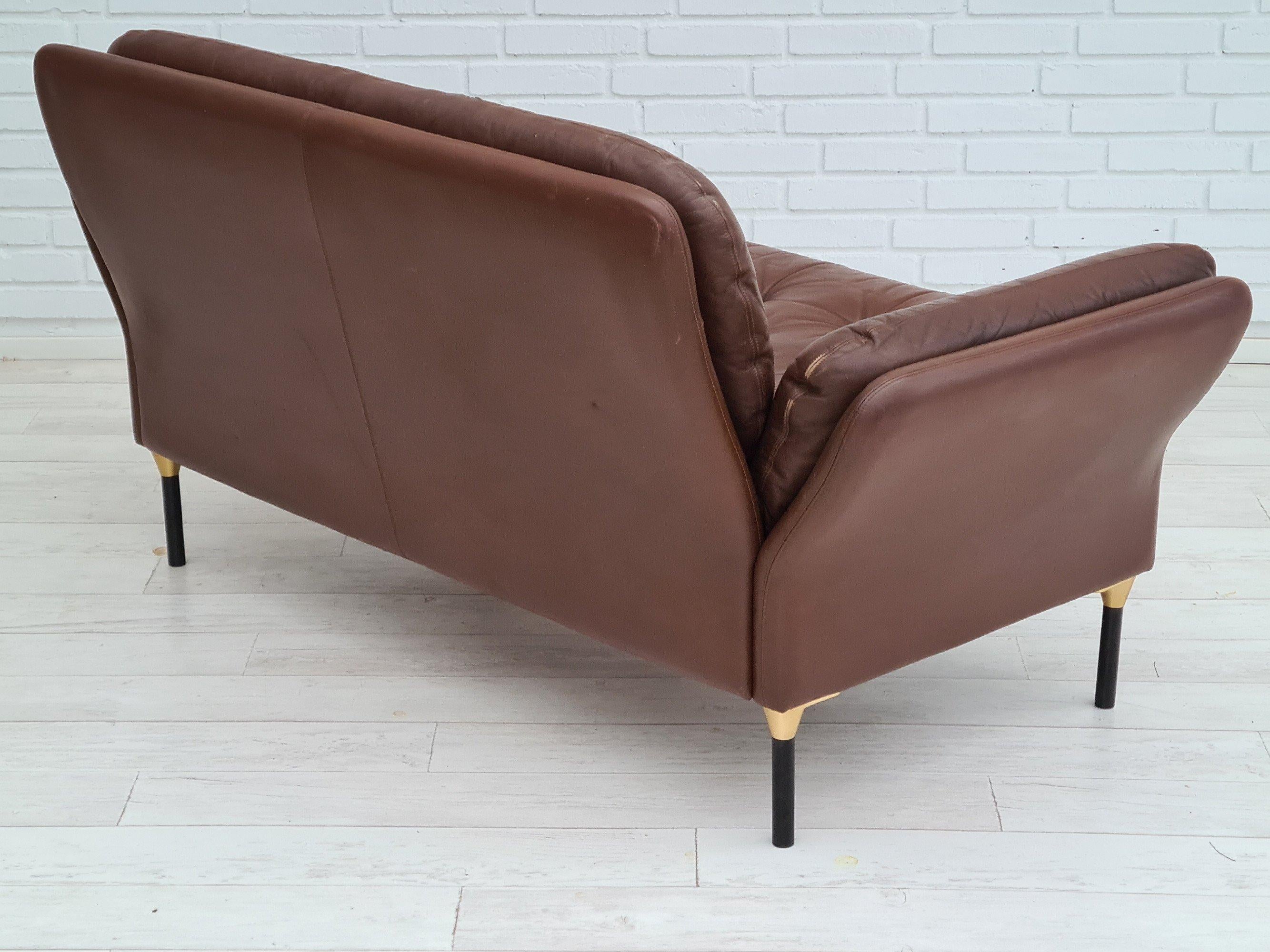 70s, Danish 2-Seater Sofa, Original Brown Leather In Good Condition For Sale In Tarm, 82