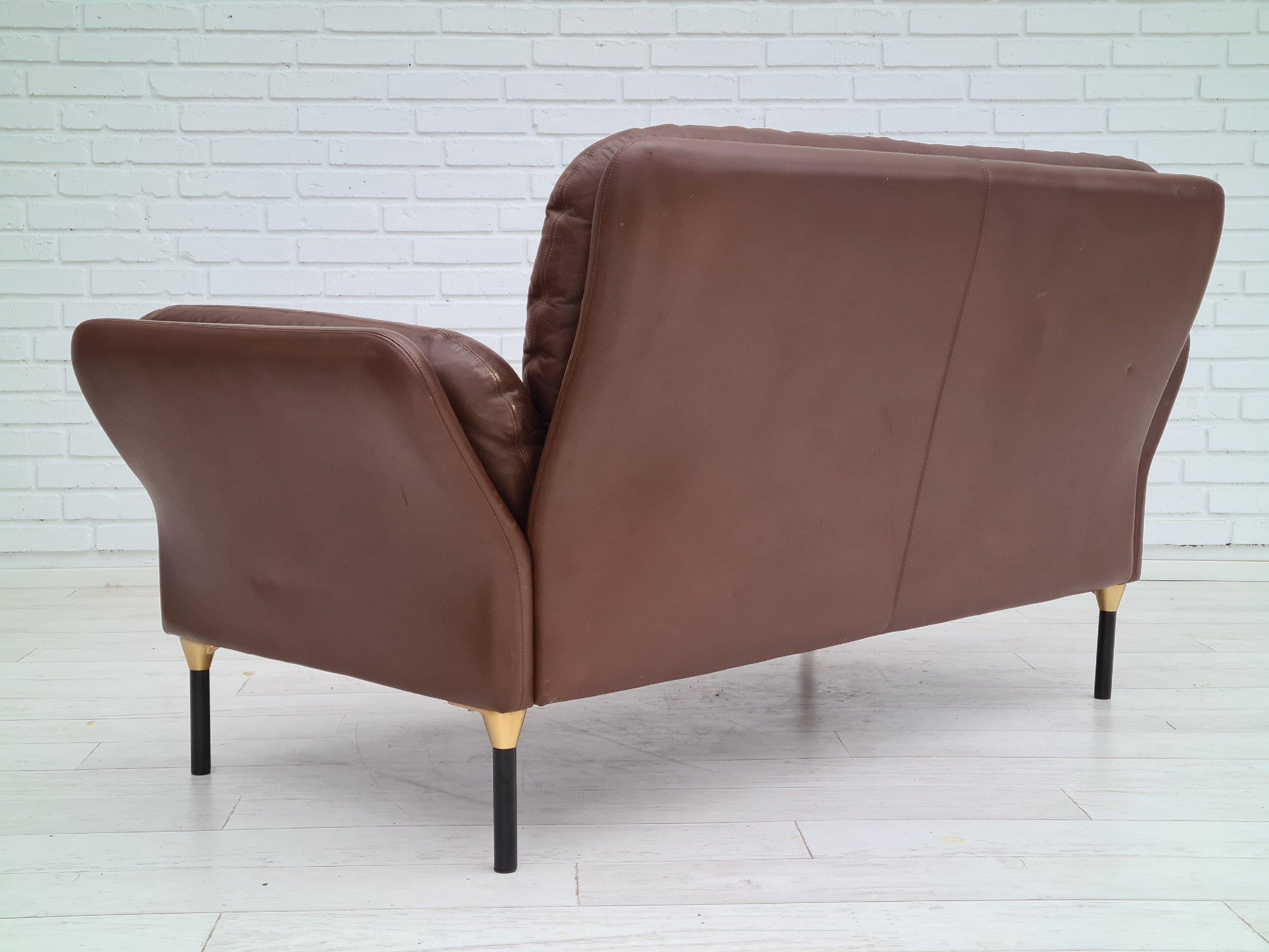 Steel 70s, Danish 2-Seater Sofa, Original Brown Leather For Sale