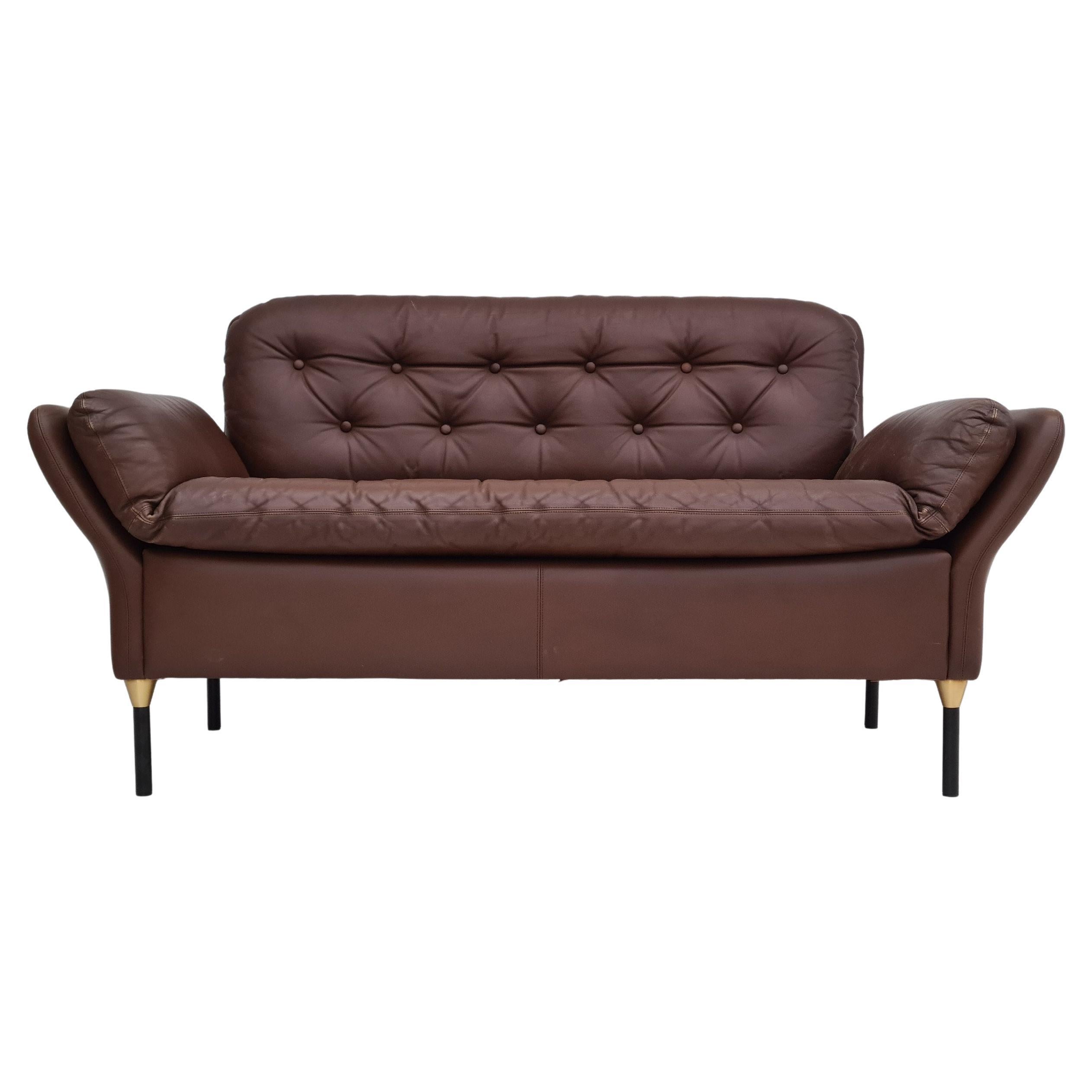 70s, Danish 2-Seater Sofa, Original Brown Leather For Sale