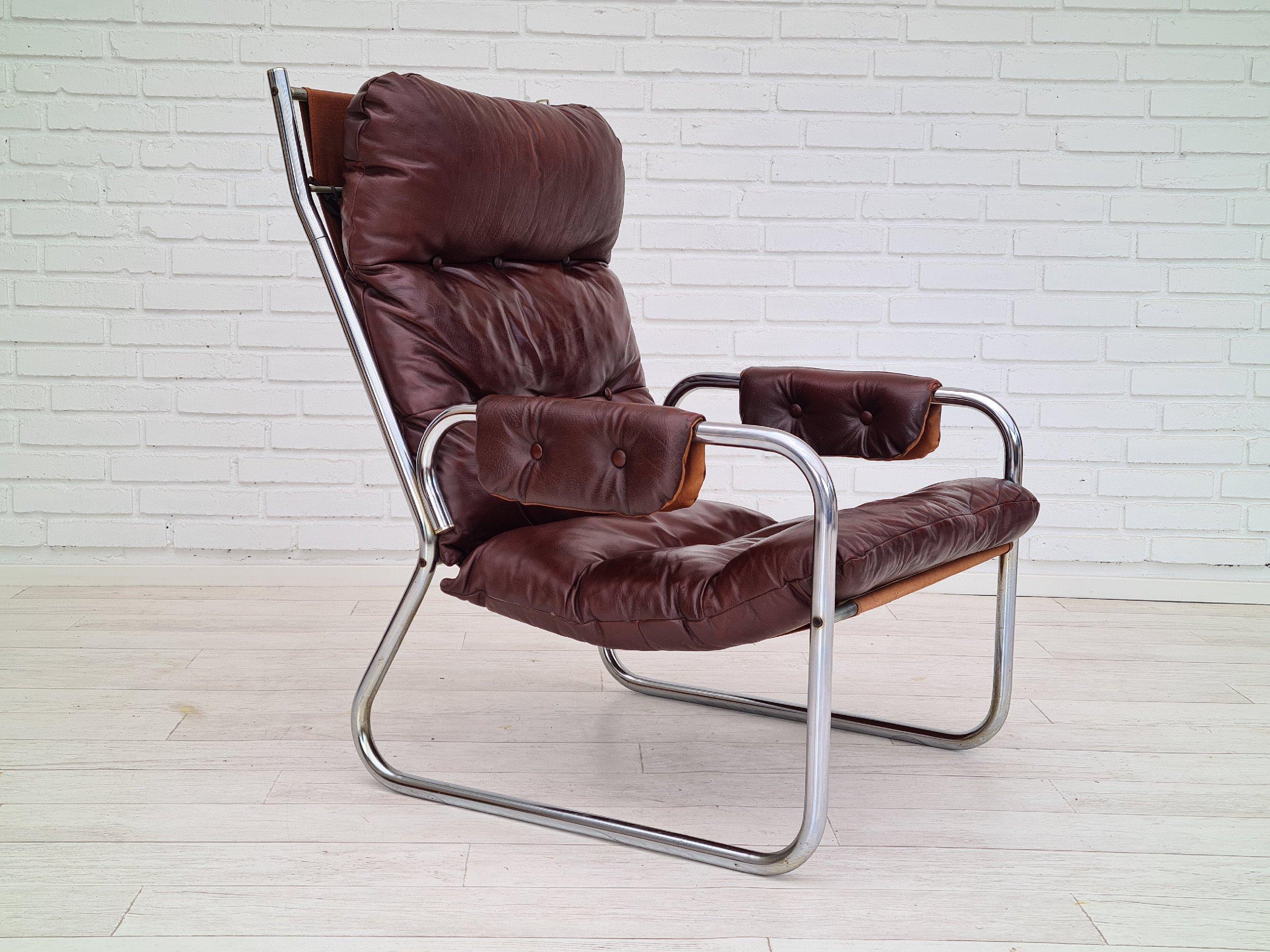 70s, Danish Design, Lounge Chair, Leather, Original Condition In Good Condition In Tarm, 82