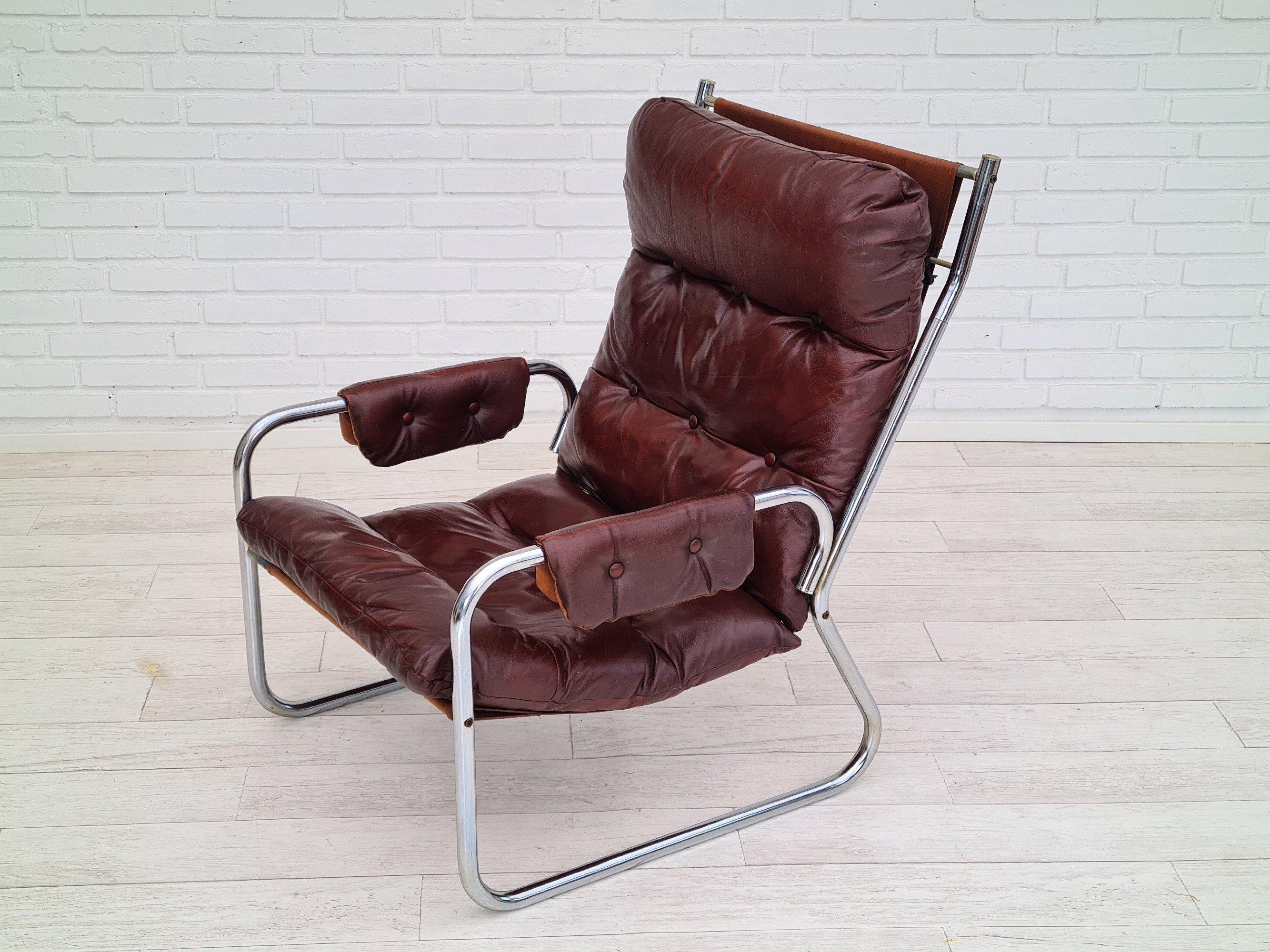 Steel 70s, Danish Design, Lounge Chair, Leather, Original Condition