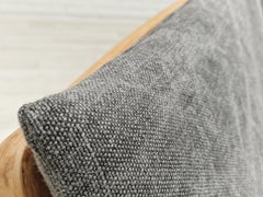 70s, Danish design, renovated 3 seater sofa, linen furniture fabric, oak wood