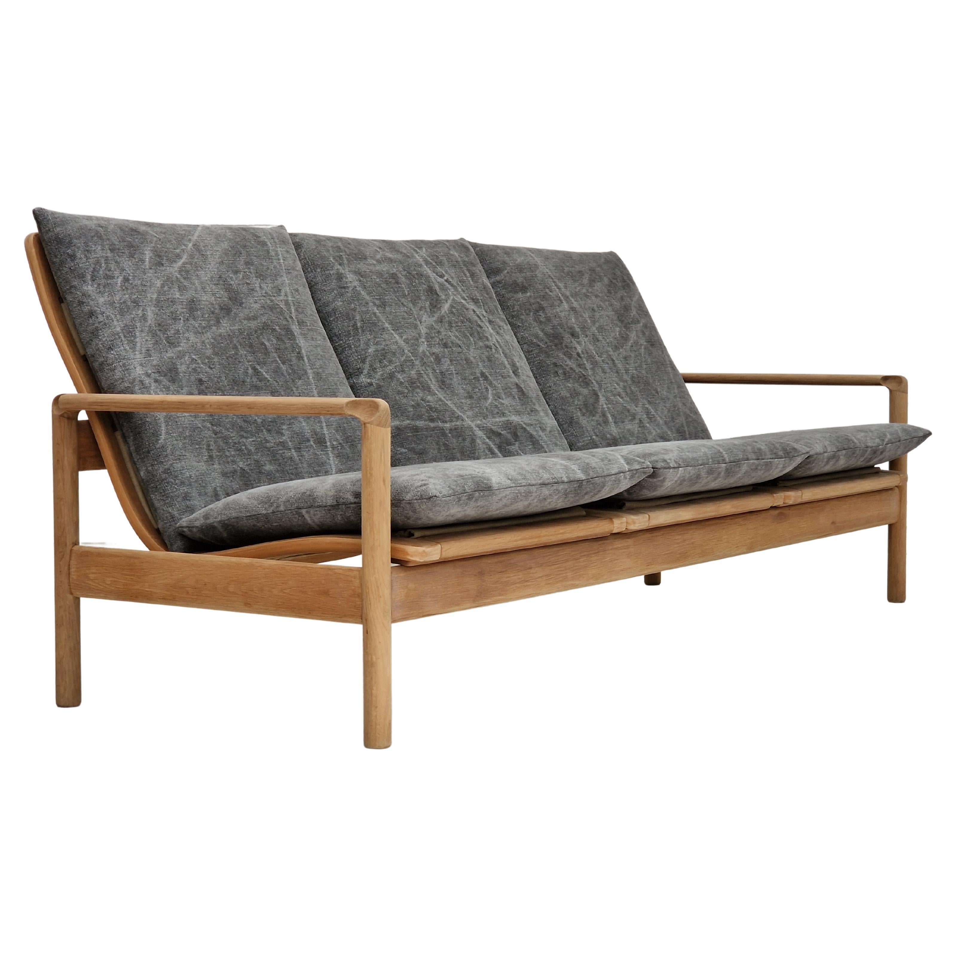 70s, Danish design, renovated 3 seater sofa, linen furniture fabric, oak wood