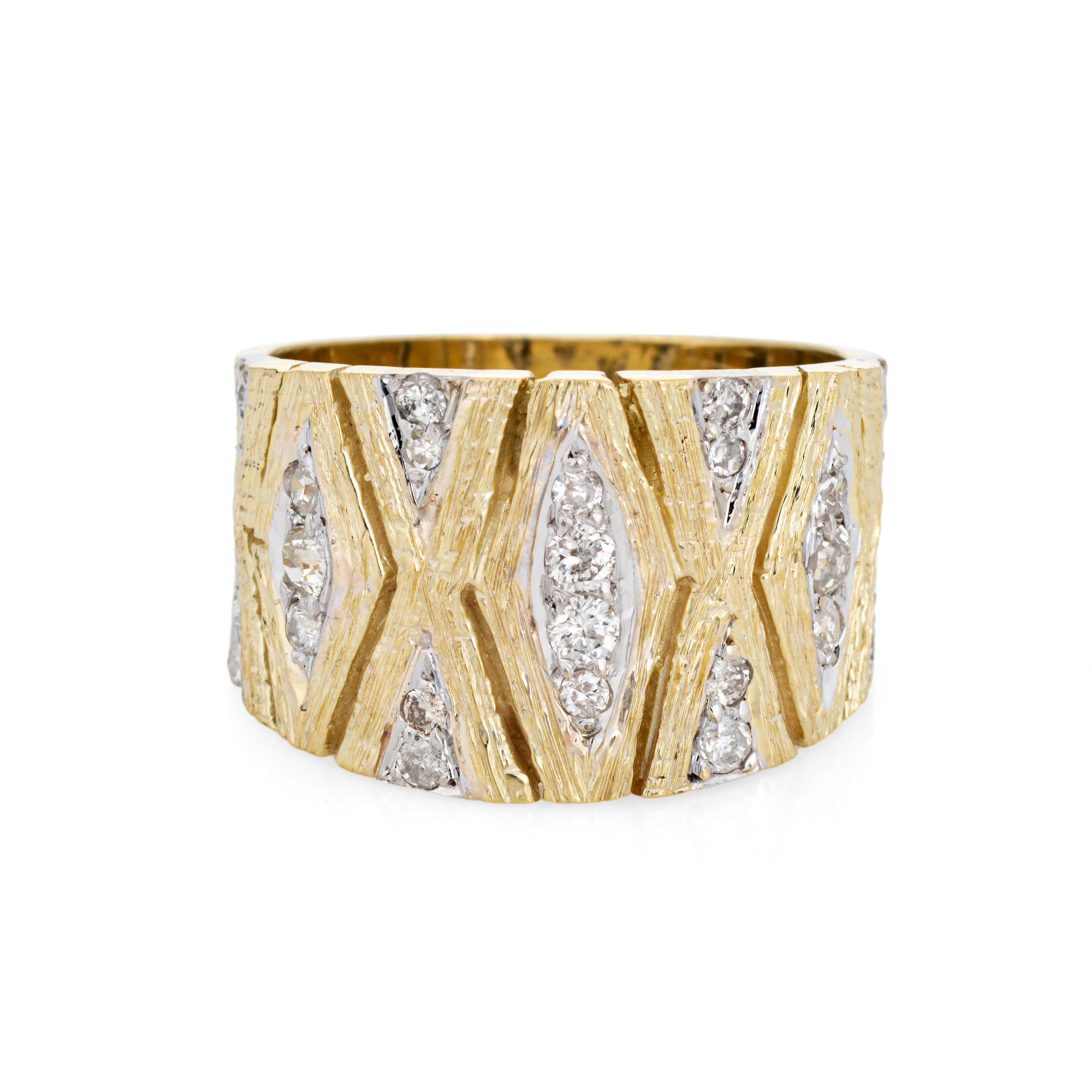 Stylish vintage diamond cigar ring (circa 1970s) crafted in 14 karat yellow gold. 

Diamonds total an estimated 0.30 carats (estimated at I-J color and SI1-I1 clarity). 
The distinct & stylish ring features a textured design with diamonds set into