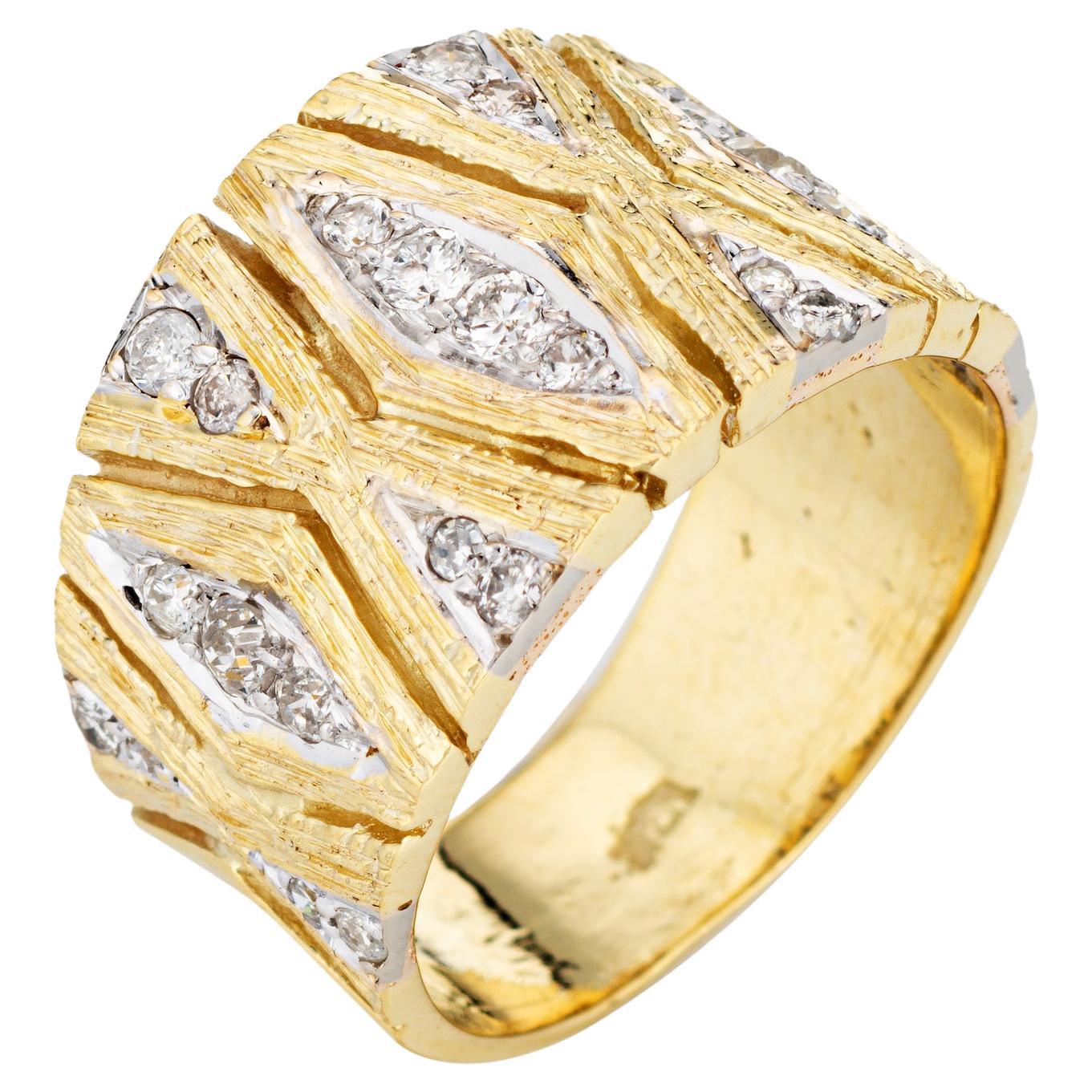 Bracelet cigare texturé vintage en or jaune 14 carats avec diamants, taille 7, années 70