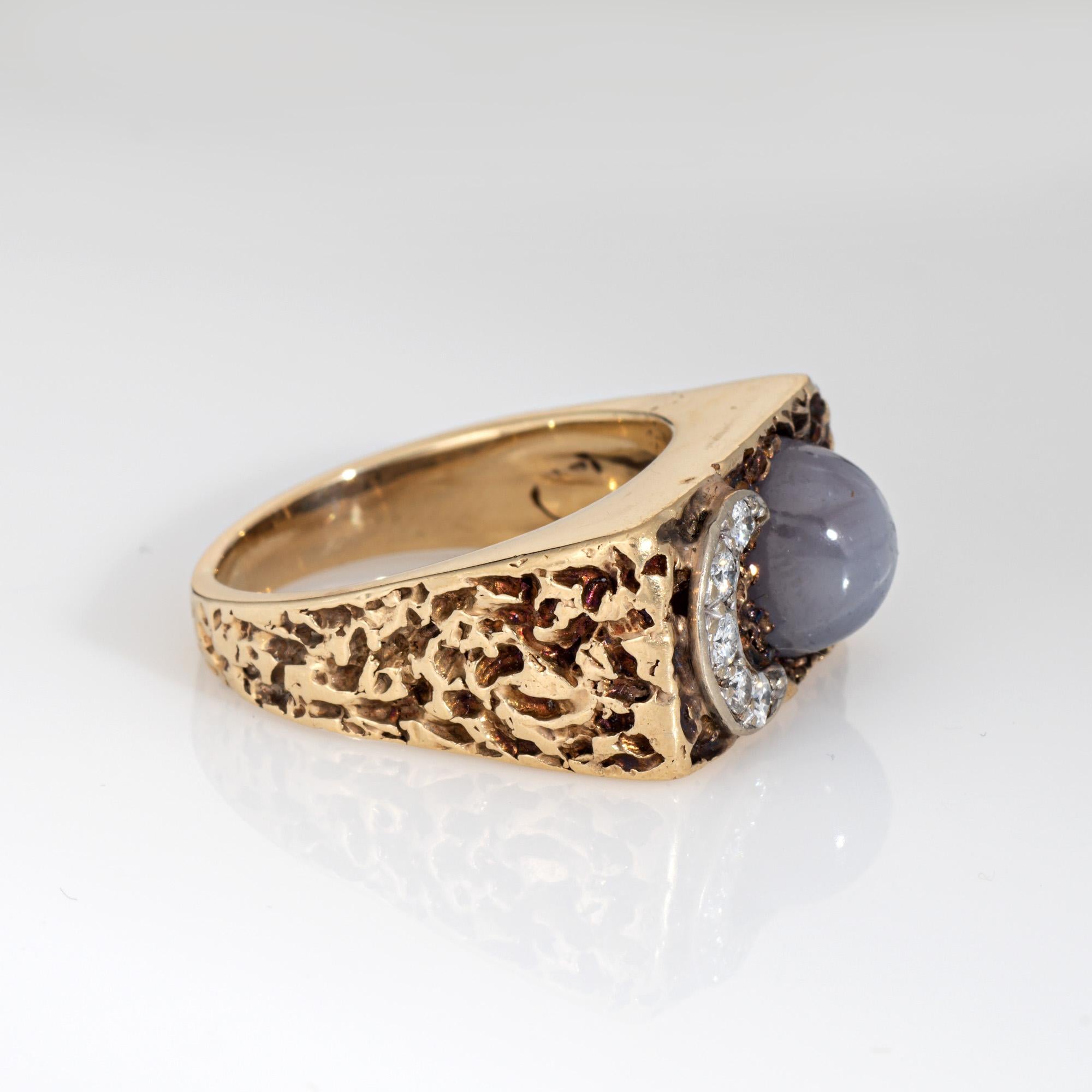 Modern 70s Diamond Crescent Moon Star Sapphire Ring Vintage 14k Yellow Gold Sz 8.75 For Sale