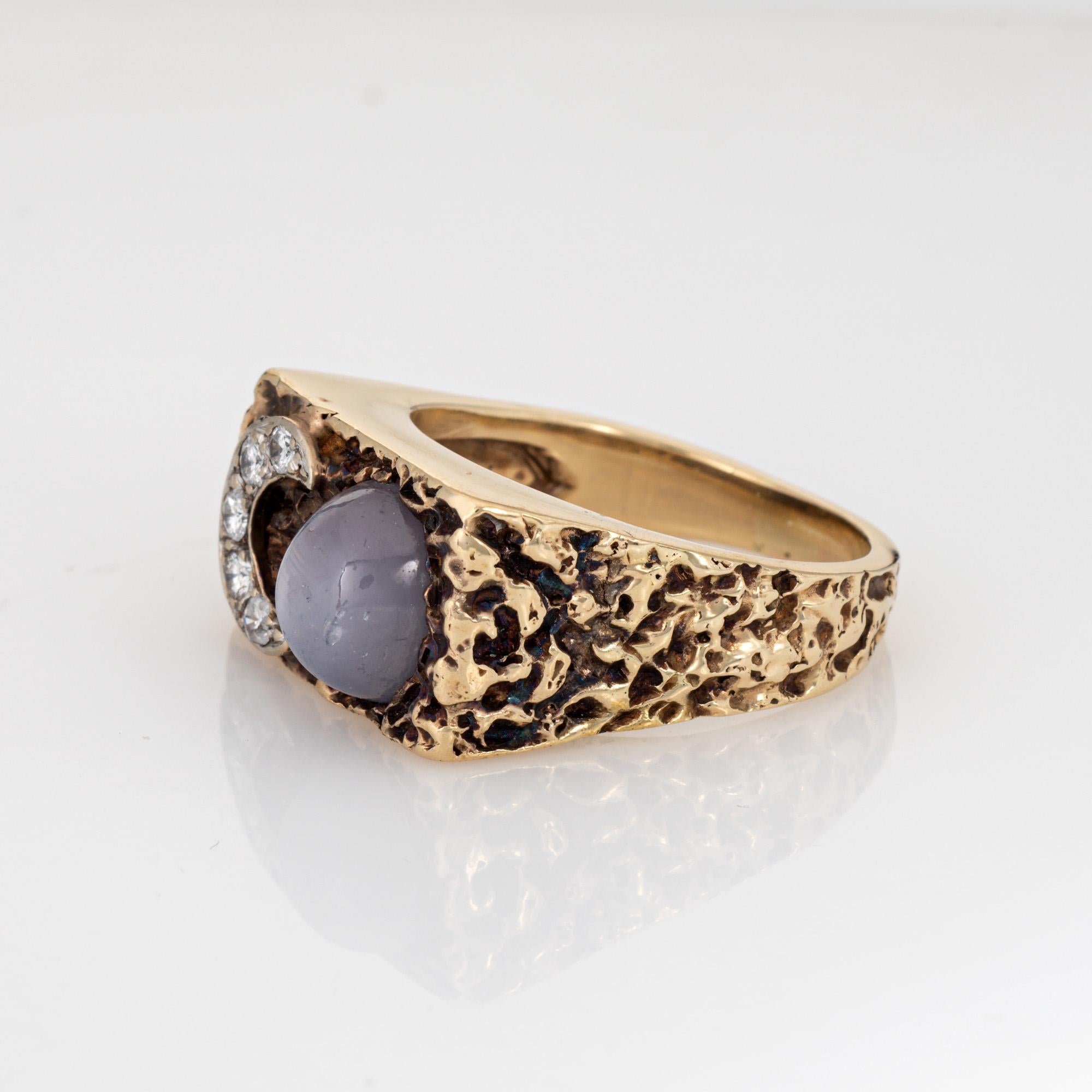 Round Cut 70s Diamond Crescent Moon Star Sapphire Ring Vintage 14k Yellow Gold Sz 8.75 For Sale