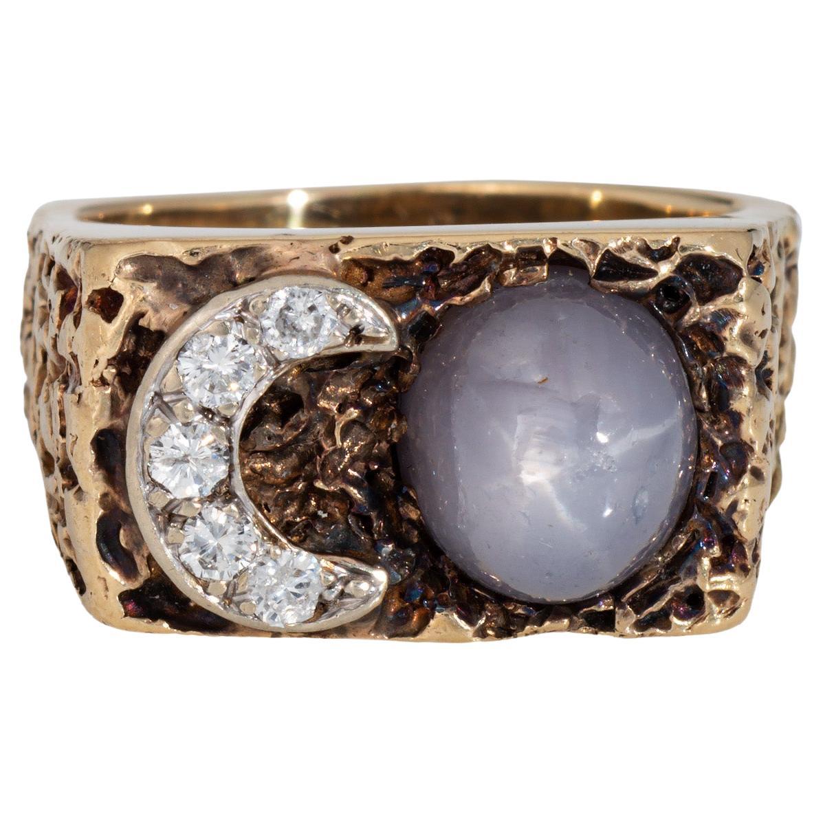 70s Diamond Crescent Moon Star Sapphire Ring Vintage 14k Yellow Gold Sz 8.75 For Sale
