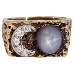 70er Jahre Diamant Halbmond Sternsaphir Ring Vintage 14k Gelbgold Gr. 8,75