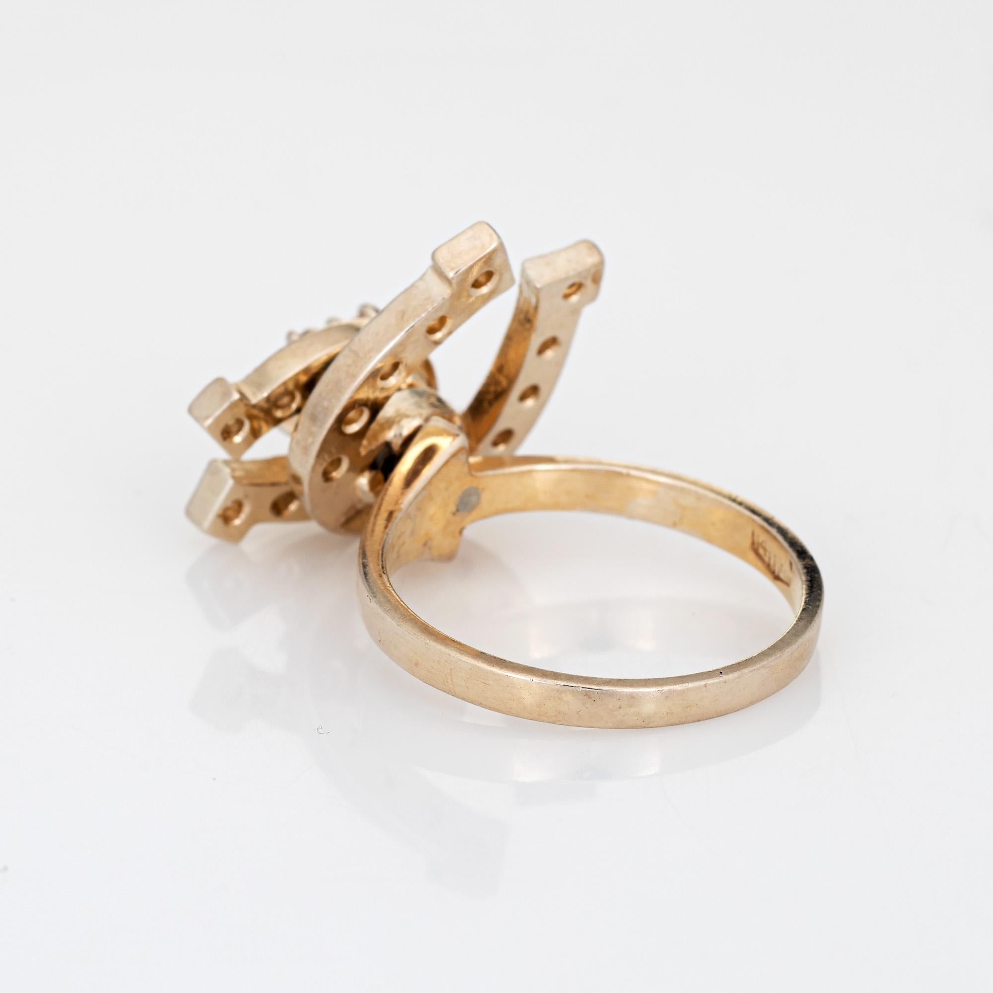 Round Cut 70s Diamond Horseshoe Spinning Ring Motion Vintage 14k Yellow Gold Kinetic