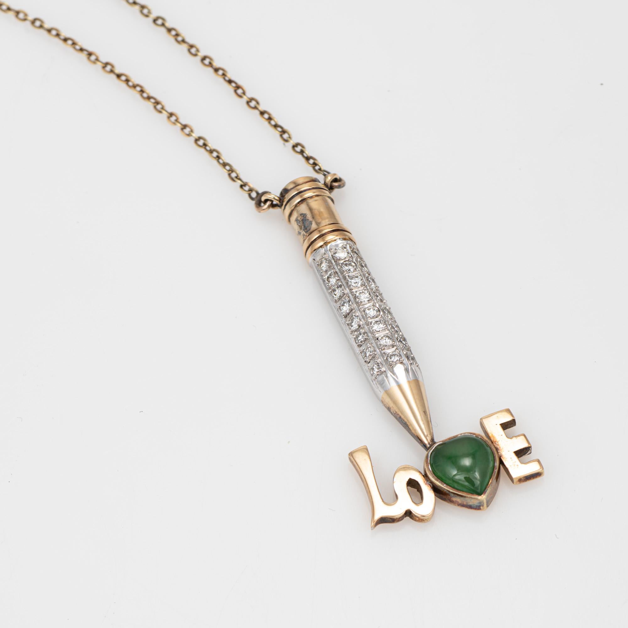 Taille ronde 70s Diamond Love Pencil Necklace Jade Diamond Vintage 14k Yellow Gold Jewelry en vente