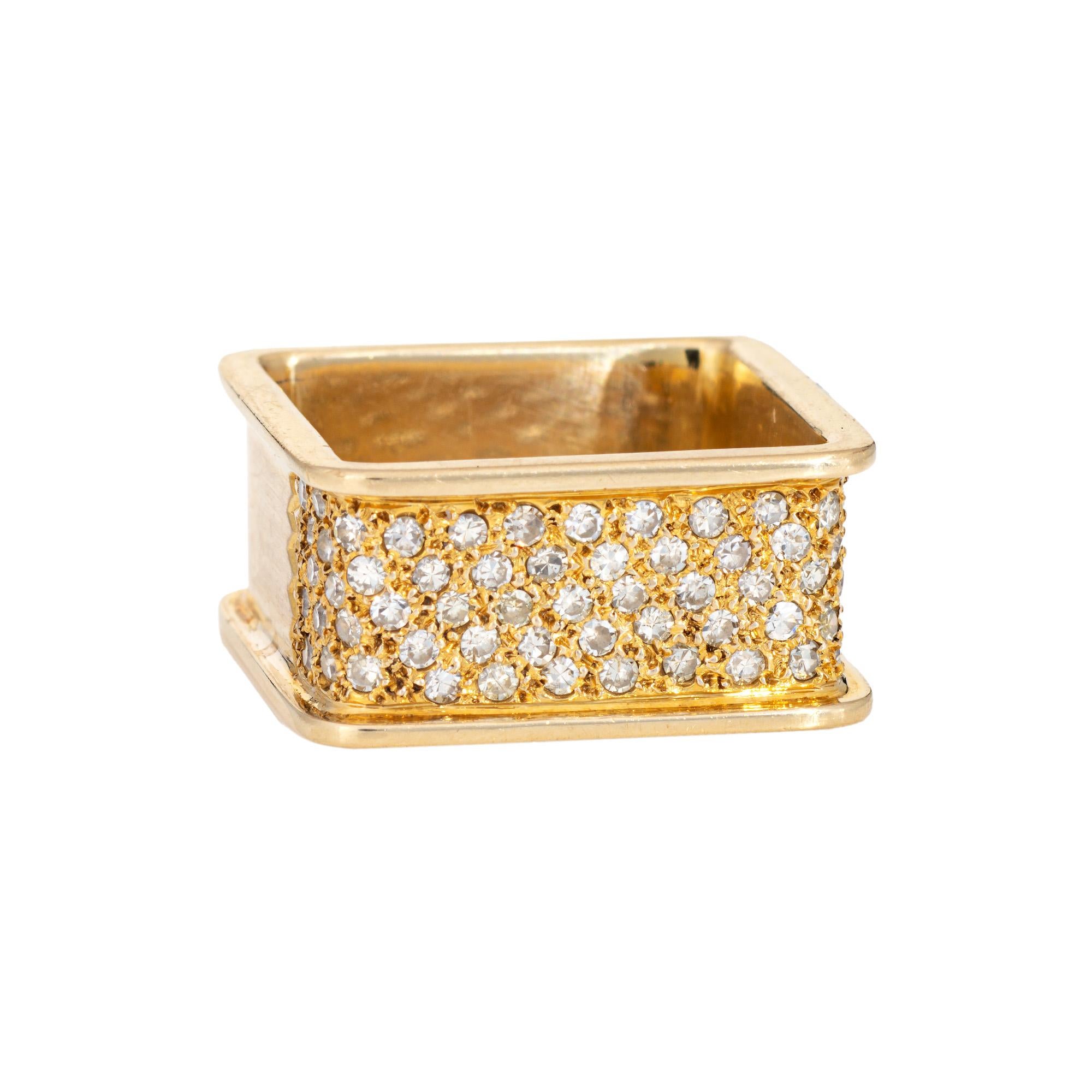 Stylish diamond square band crafted in 14 karat yellow gold (circa 1970s). 

Pave set diamonds total an estimated 0.60 carats (estimated at I-J color and SI1-I1 clarity).  

The distinct square band makes a great statement on the hand! The ring