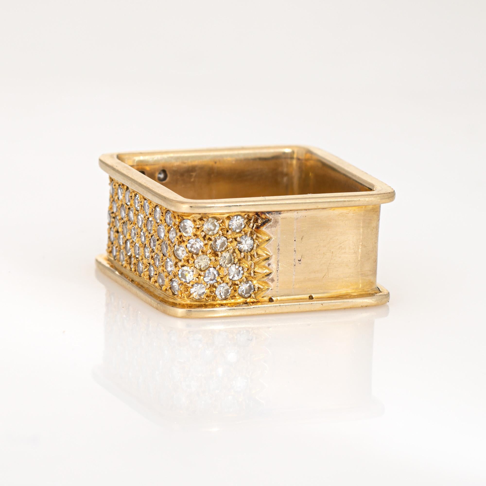 Round Cut 70s Diamond Square Ring Sz 8.5 Band Vintage 14k Yellow Gold Fine Jewelry For Sale