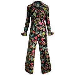 70s Diane Von Furstenberg Blouse and Pants Set Floral Jersey Sz 12