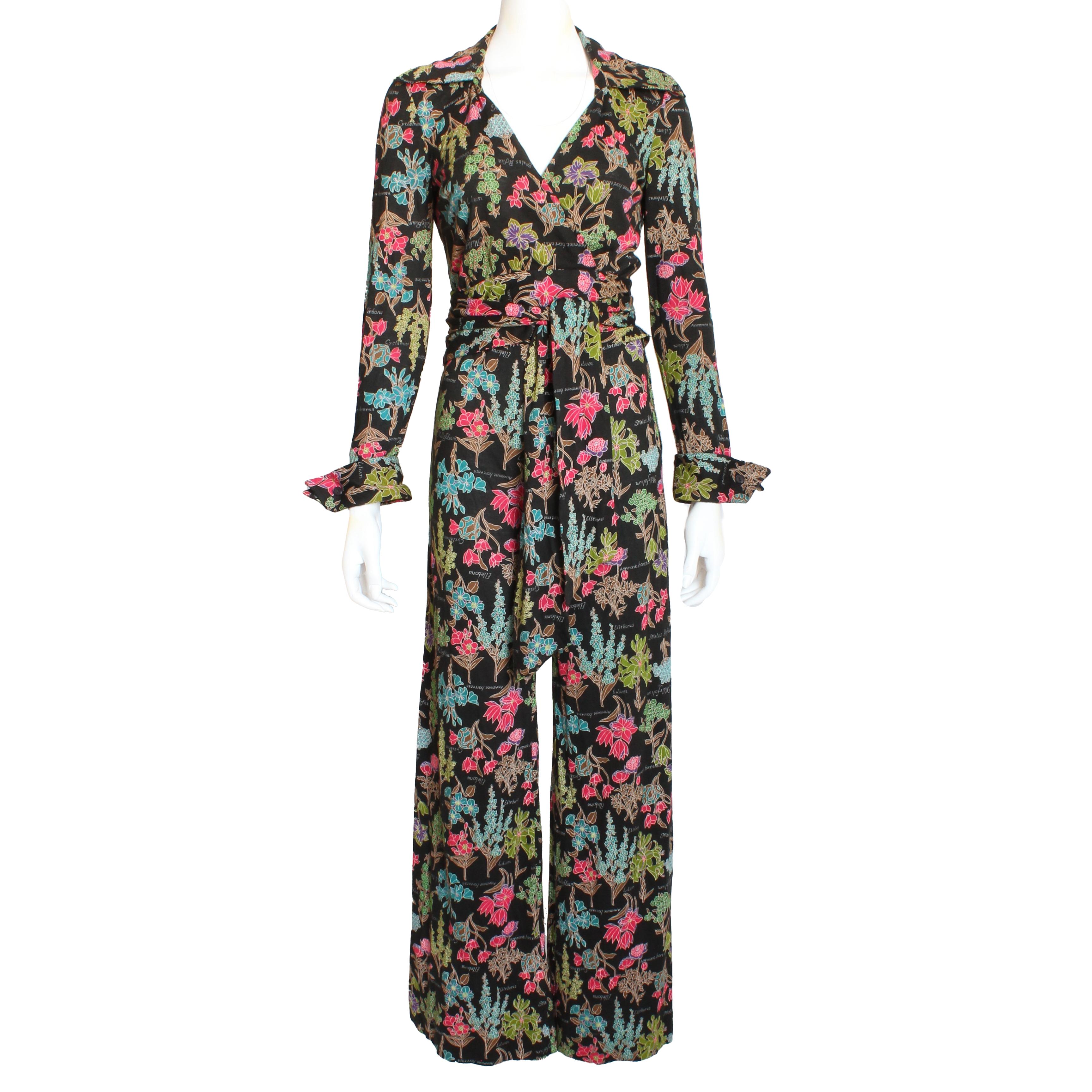 Black 70s Diane Von Furstenberg Wrap Blouse and Pants Set Floral Jersey Rare Sz 12 For Sale