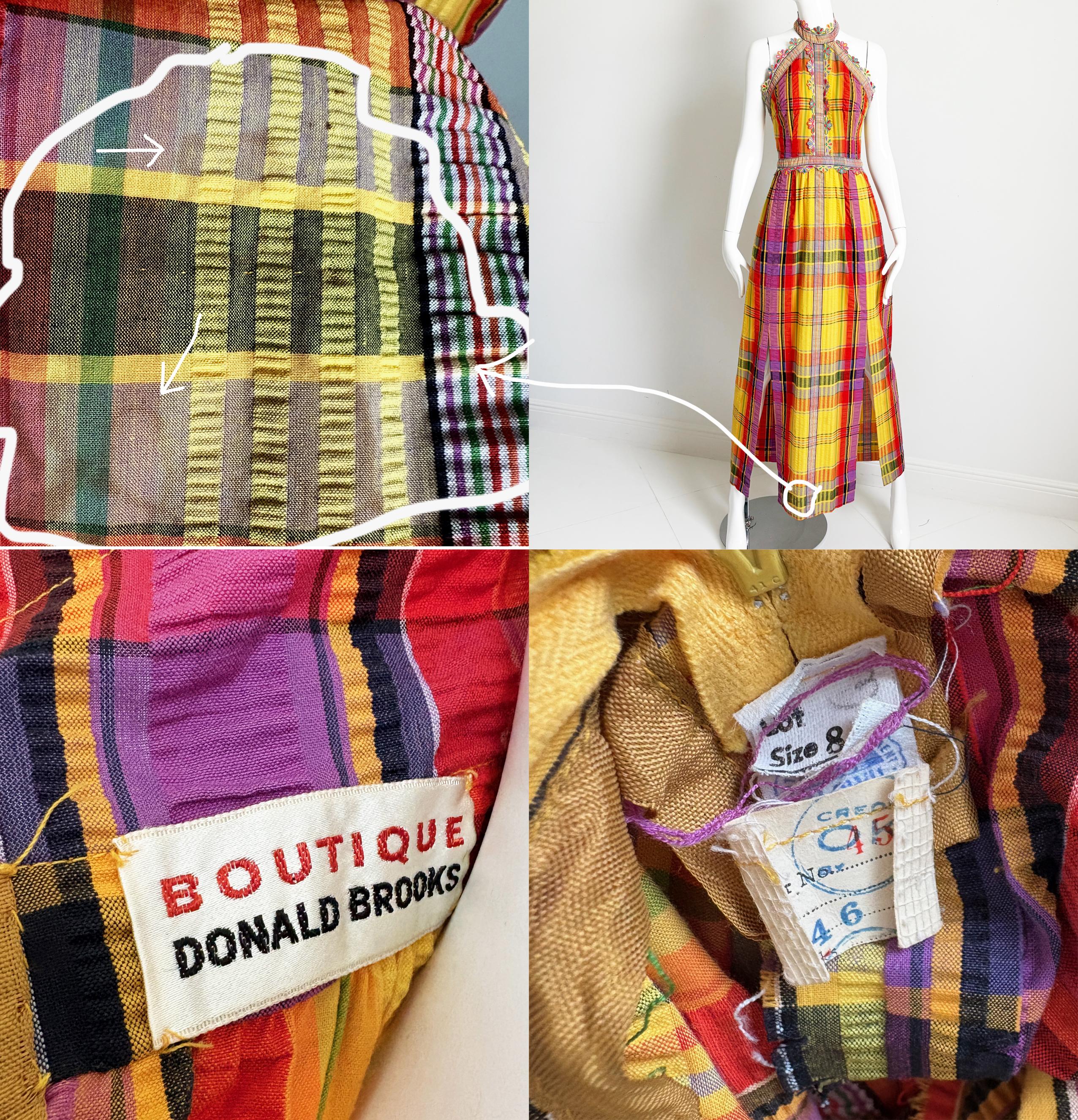 70s Donald Brooks Boutique Dress Halter Textured Plaid Embroidered Floral Trim 8 For Sale 8