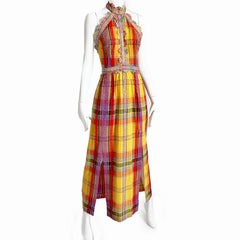 70s Donald Brooks Boutique Dress Halter Textured Plaid Embroidered Floral Trim 8