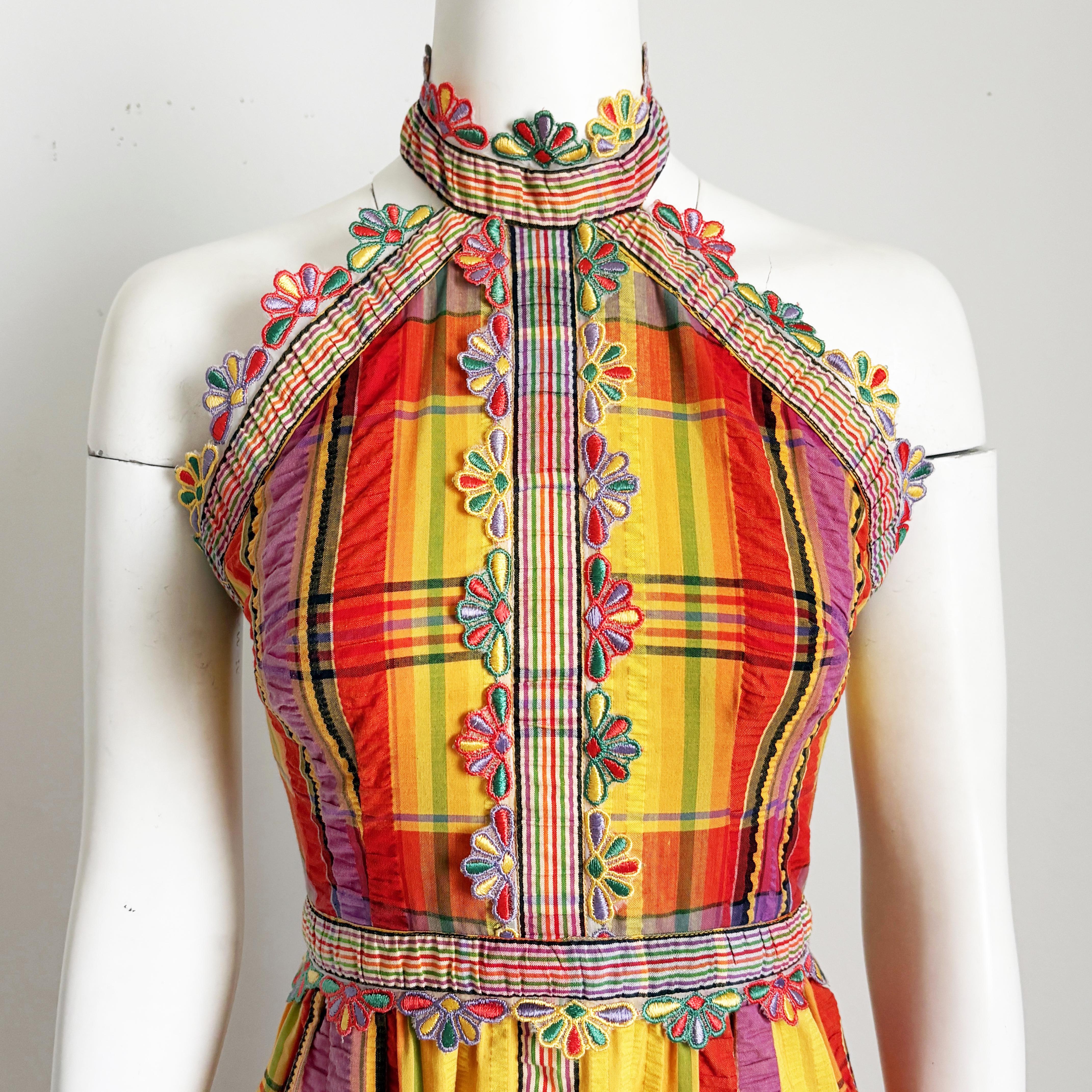 Brown 70s Donald Brooks Boutique Dress Halter Textured Plaid Embroidered Floral Trim 8 For Sale