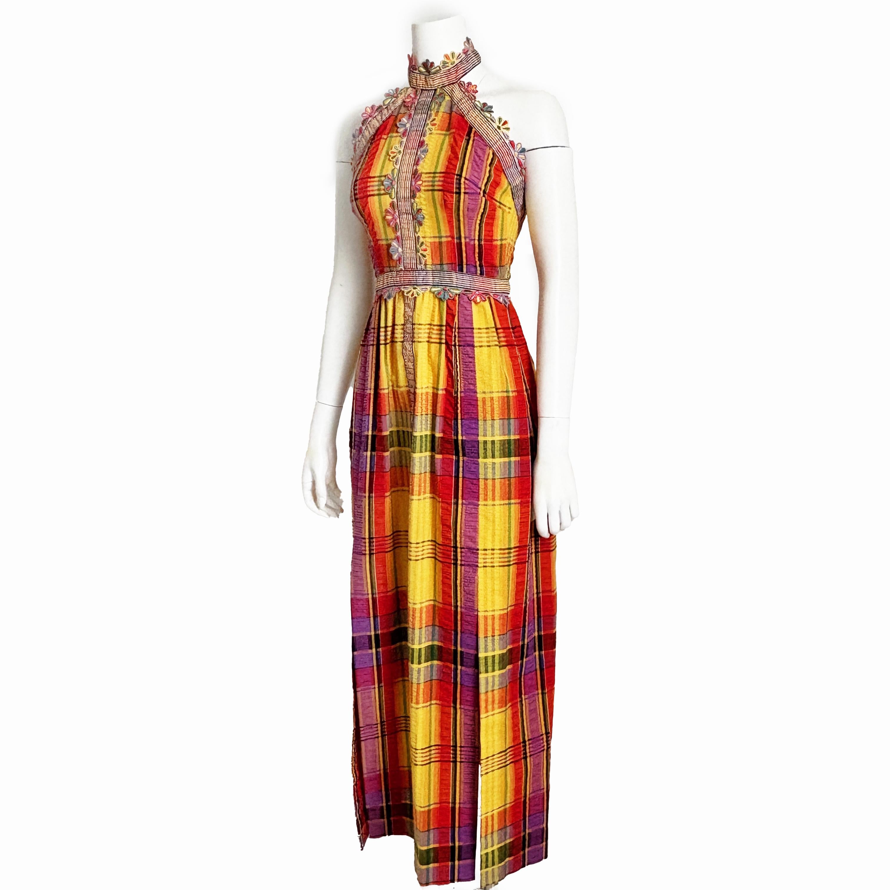 70s Donald Brooks Boutique Dress Halter Textured Plaid Embroidered Floral Trim 8 For Sale 3