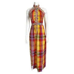 70s Donald Brooks Boutique Dress Halter Textured Plaid Embroidered Floral Trim 8