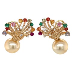 70s Earrings with Multicolored Sapphires, Emerald and Diamonds