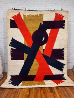 70s Ege Rya Vanguard, Blue Orange Purple Scarves Cream, UNUSED, Wool Rya Rug MCM