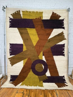 70's Ege Rya Vanguard, Brown Mustard Purple, Scarves Cream, UNUSED, Wool Rya Rug