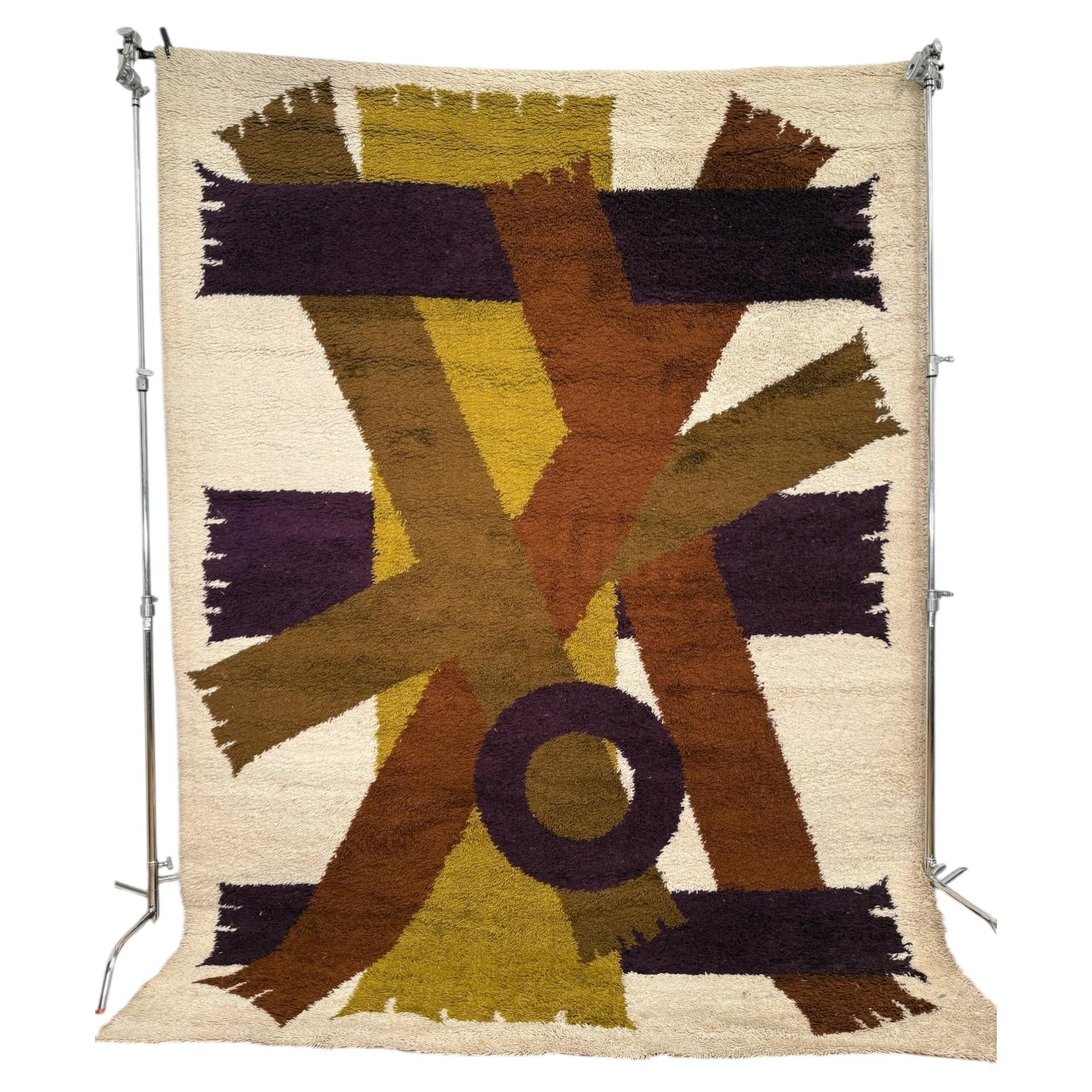 70's Ege Rya Vanguard, Brown Mustard Purple, Scarves Cream, UNUSED, Wool Rya Rug