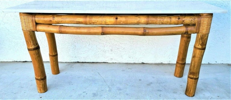 Mid-Century Modern 70's Elephant Bamboo Rattan Marble Top Console Sofa Table For Sale