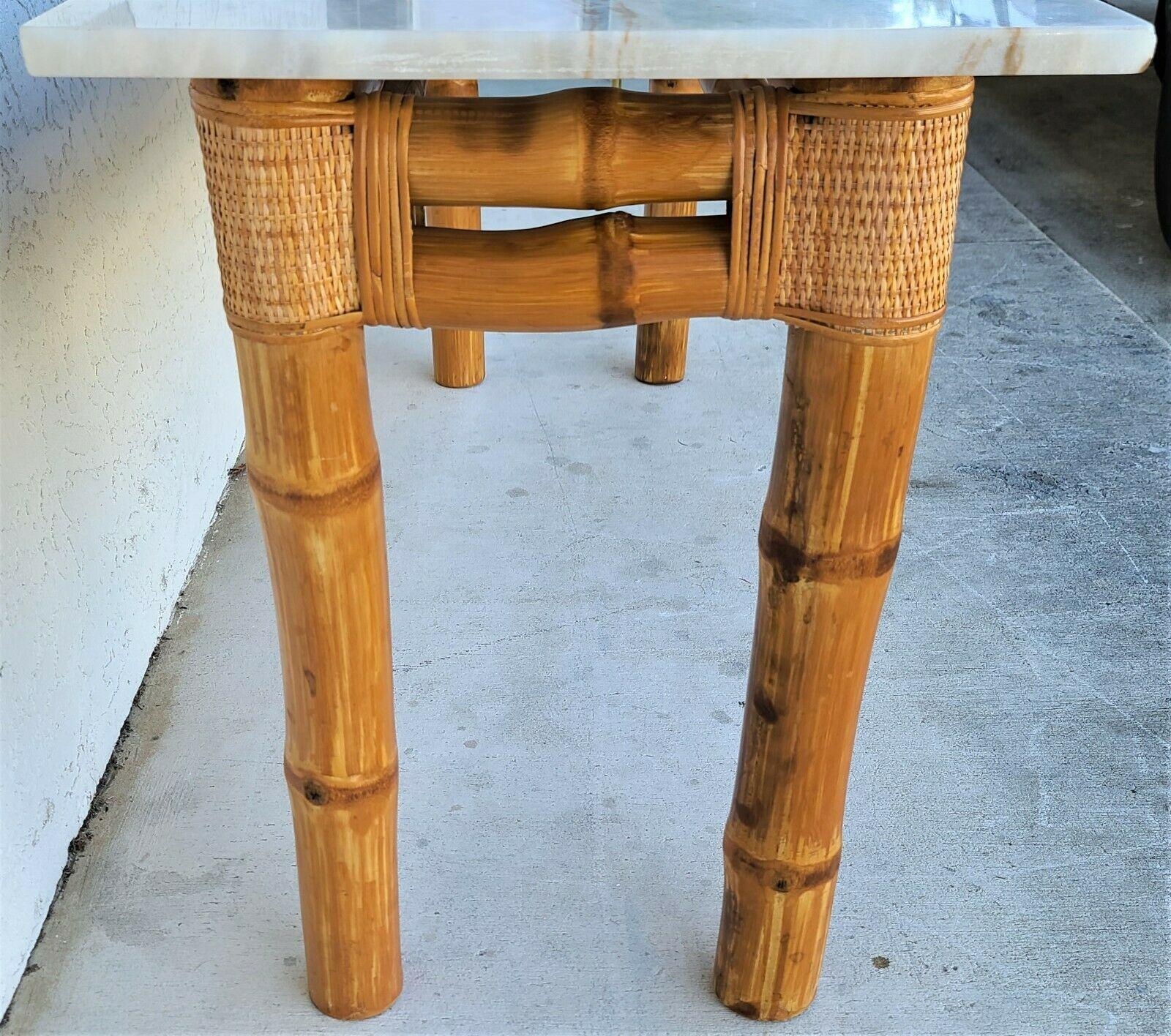 Late 20th Century 70's Elephant Bamboo Rattan Marble Top Console Sofa Table For Sale