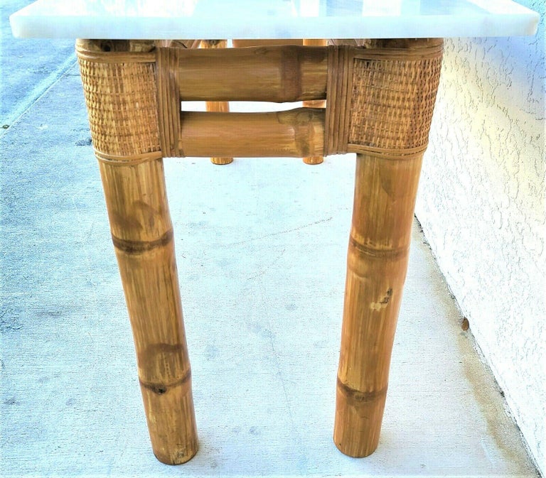 70's Elephant Bamboo Rattan Marble Top Console Sofa Table For Sale 1