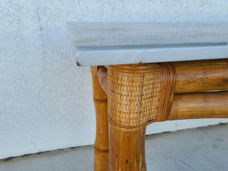 70's Elephant Bamboo Rattan Marble Top Console Sofa Table For Sale 3