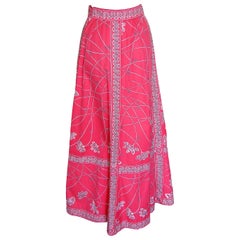 70s Emilio Pucci Maxi Skirt Cotton Twill Pink White Abstract Print Size 14 