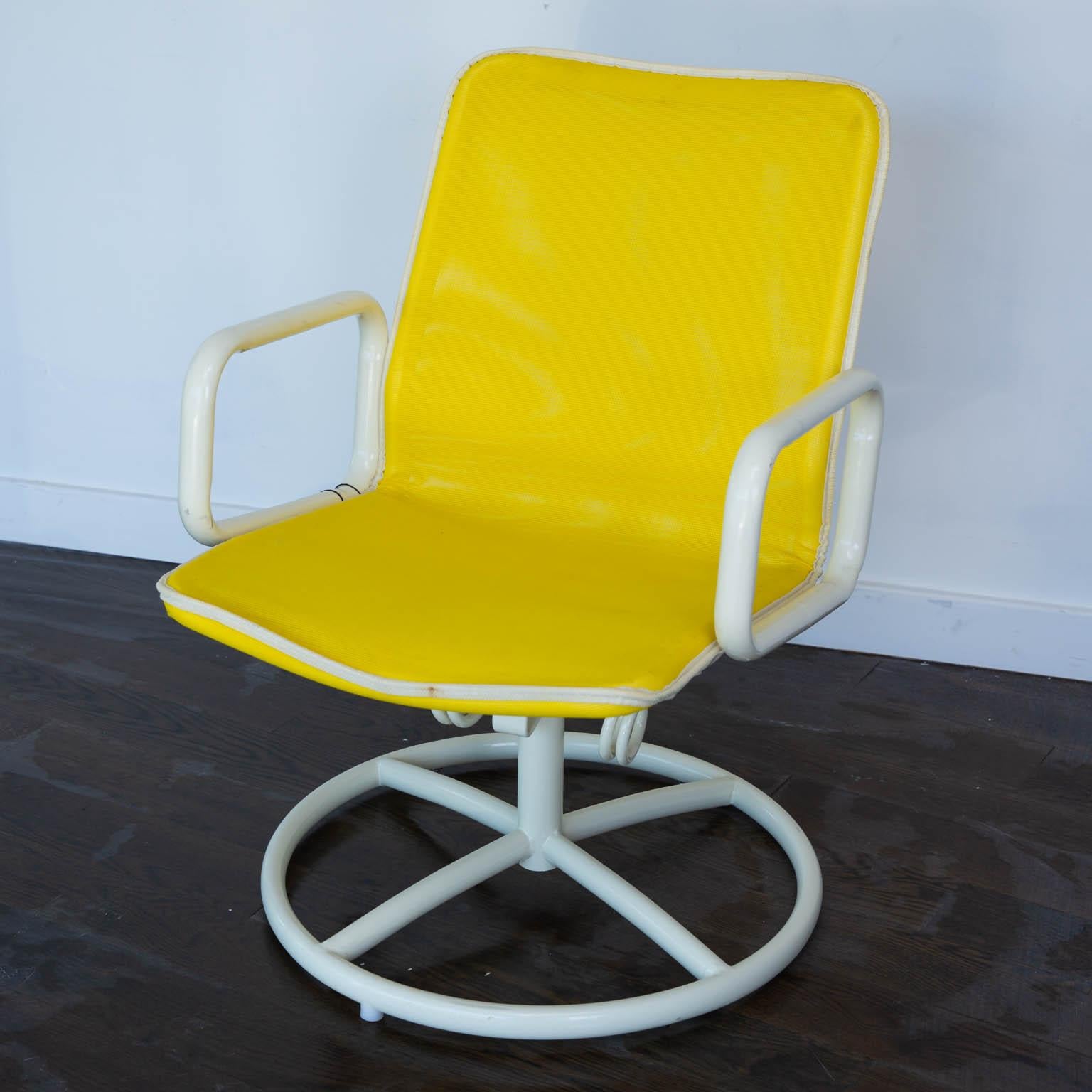 This is the first time outside of their original boxes since the seventies. Great new, old-stock patio set with mesh nylon seats and weather resistant powder coated aluminum frames.