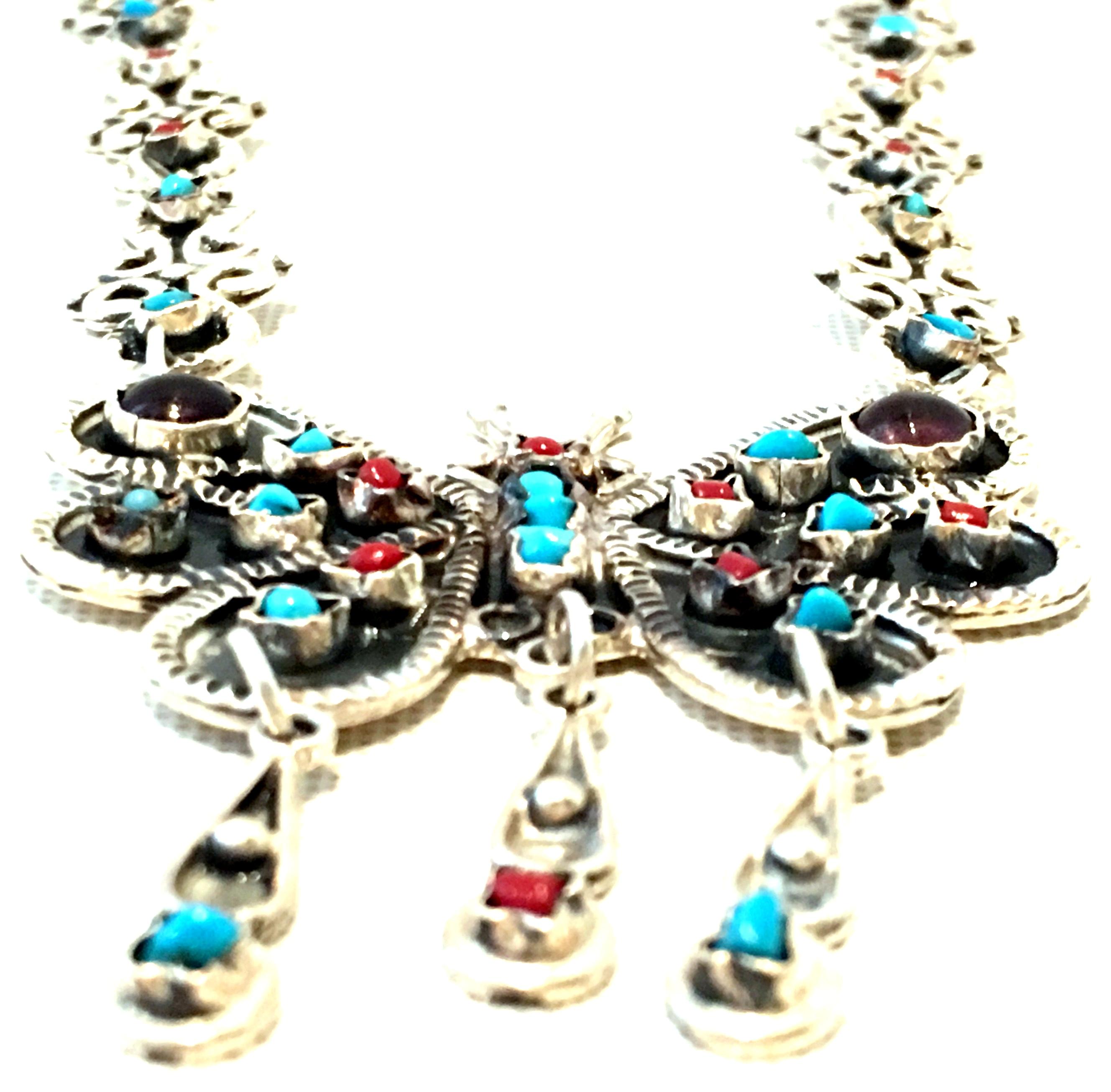 Modernist  70'S Erika Hult Sterling Turquoise Coral & Amethyst Butterfly Necklace-Taxco For Sale