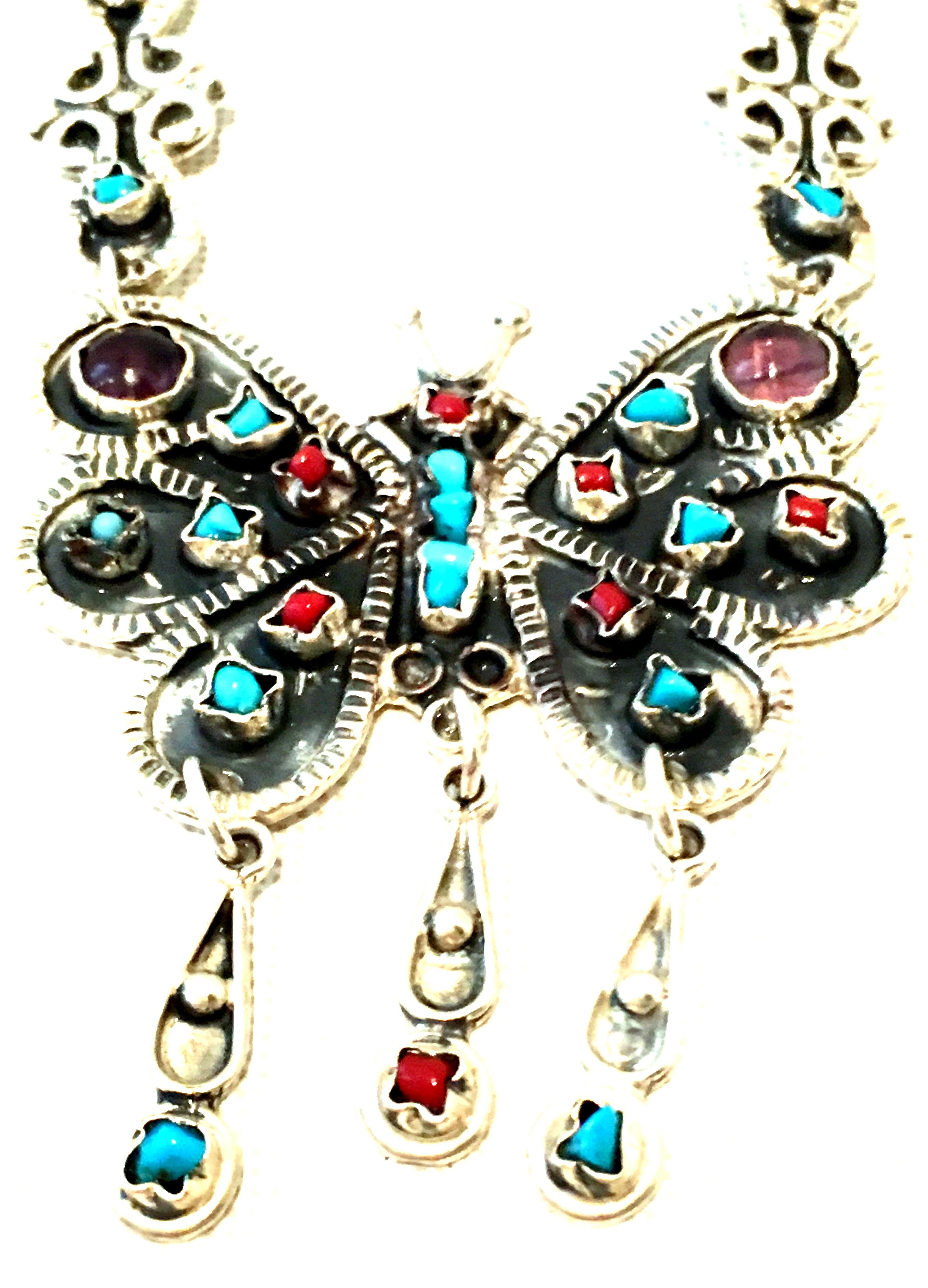  70'S Erika Hult Sterling Turquoise Coral & Amethyst Butterfly Necklace-Taxco In Good Condition For Sale In West Palm Beach, FL