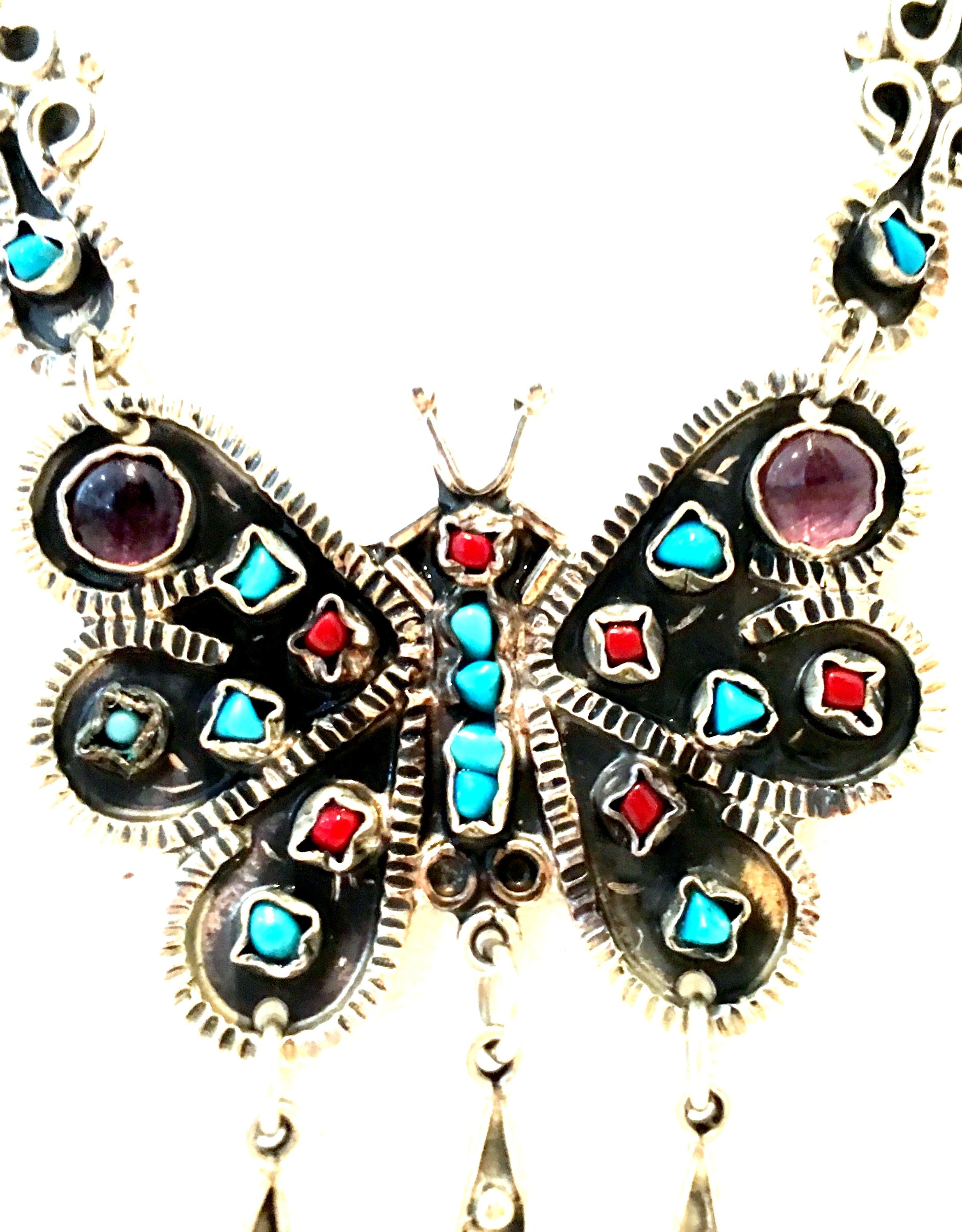 Women's or Men's  70'S Erika Hult Sterling Turquoise Coral & Amethyst Butterfly Necklace-Taxco For Sale