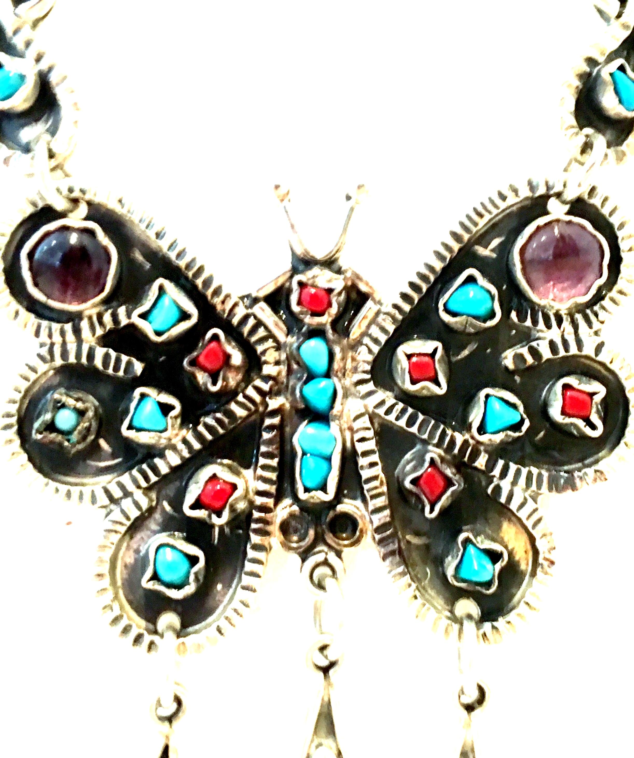  70'S Erika Hult Sterling Turquoise Coral & Amethyst Butterfly Necklace-Taxco For Sale 1