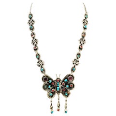 Erika Hult, collier papillon en turquoise, corail et améthyste en argent sterling, années 70