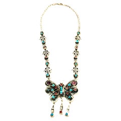 Vintage 70'S Erika Hult Sterling Turquoise Coral & Amethyst Butterfly Necklace-Taxco