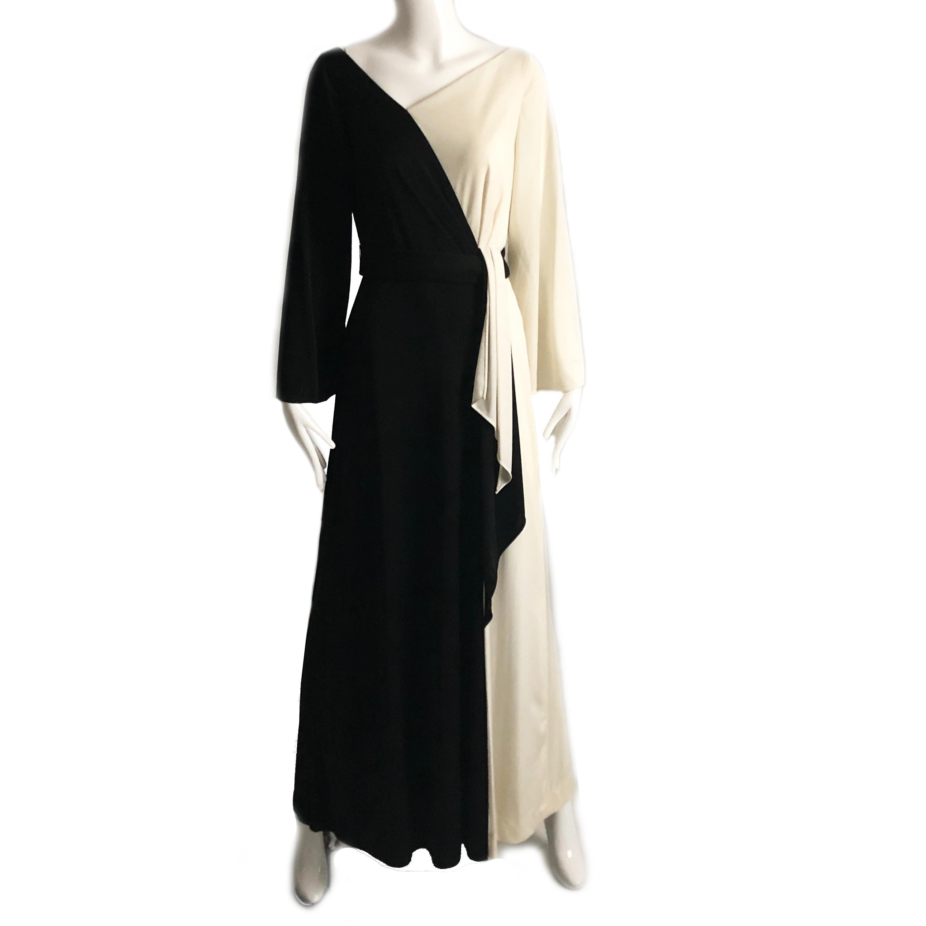 Black 70s Estevez Evening Gown Belted Dress Eva Gabor Collection B/W Contrast Sz 10