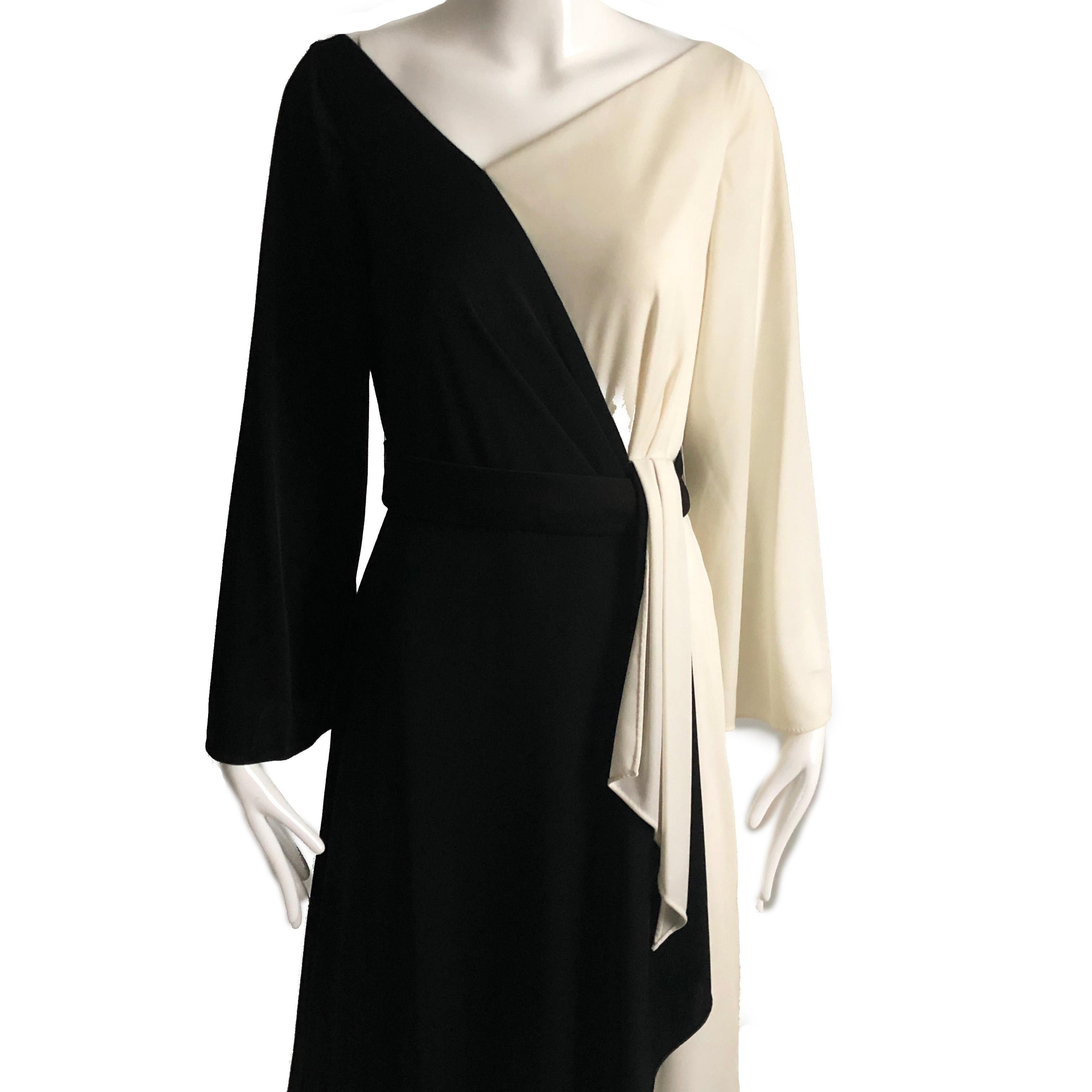 70s Estevez Evening Gown Belted Dress Eva Gabor Collection B/W Contrast Sz 10 In Good Condition In Port Saint Lucie, FL