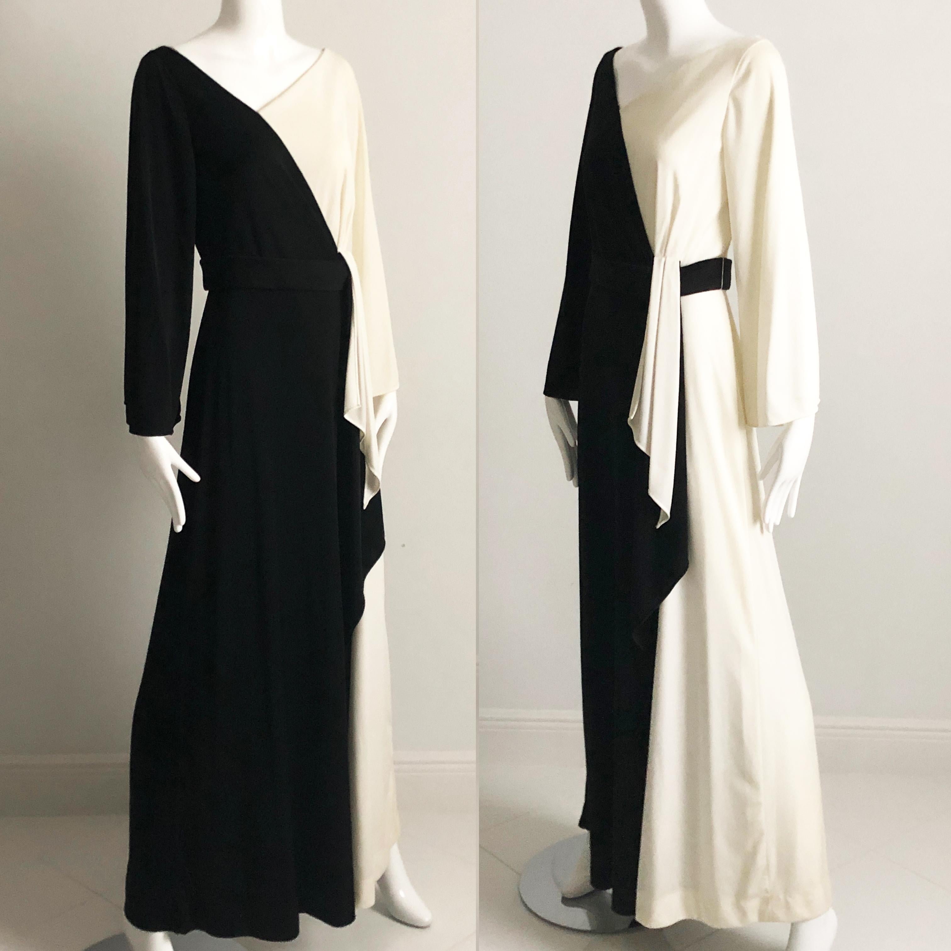 Women's or Men's 70s Estevez Evening Gown Belted Dress Eva Gabor Collection B/W Contrast Sz 10