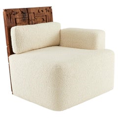 70's Feel Modern Boucle, Brass & Carved Walnut Oromo Lounge Chair by Egg Designs