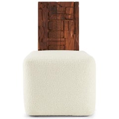 70's feel modern Boucle, Brass & Carved Walnut Oromo Upholstered Dining Chair