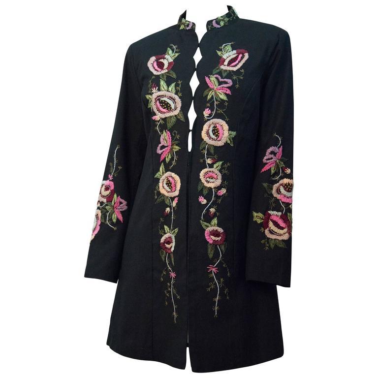 Black 70s Floral Embroidered Jacket  For Sale