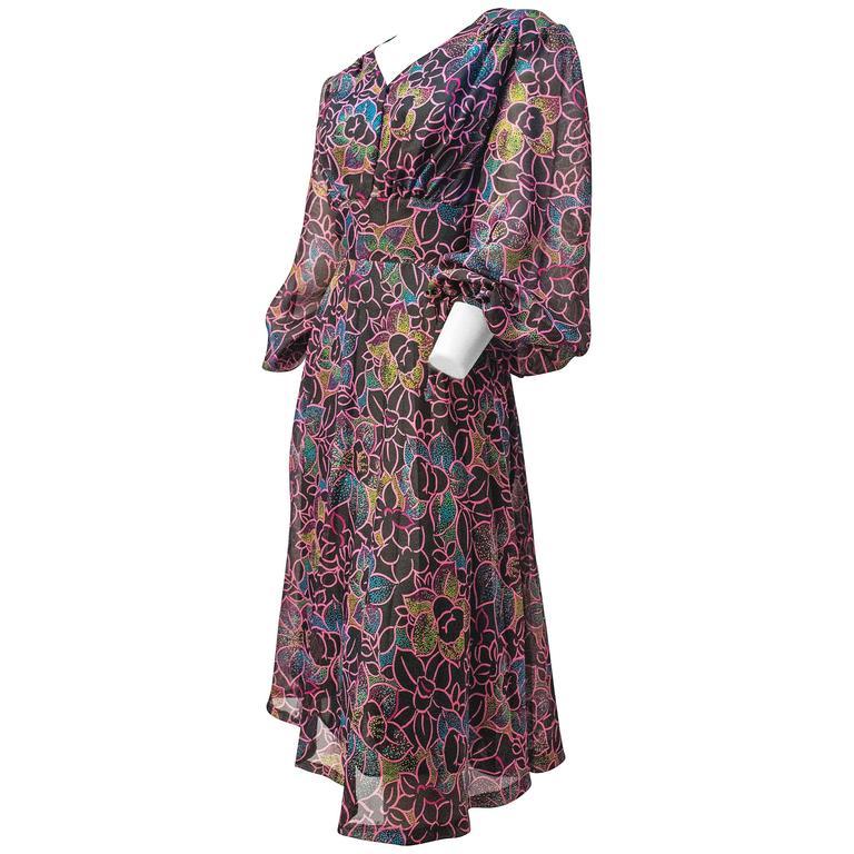 Black 70s Floral Printed Chiffon Dress  For Sale