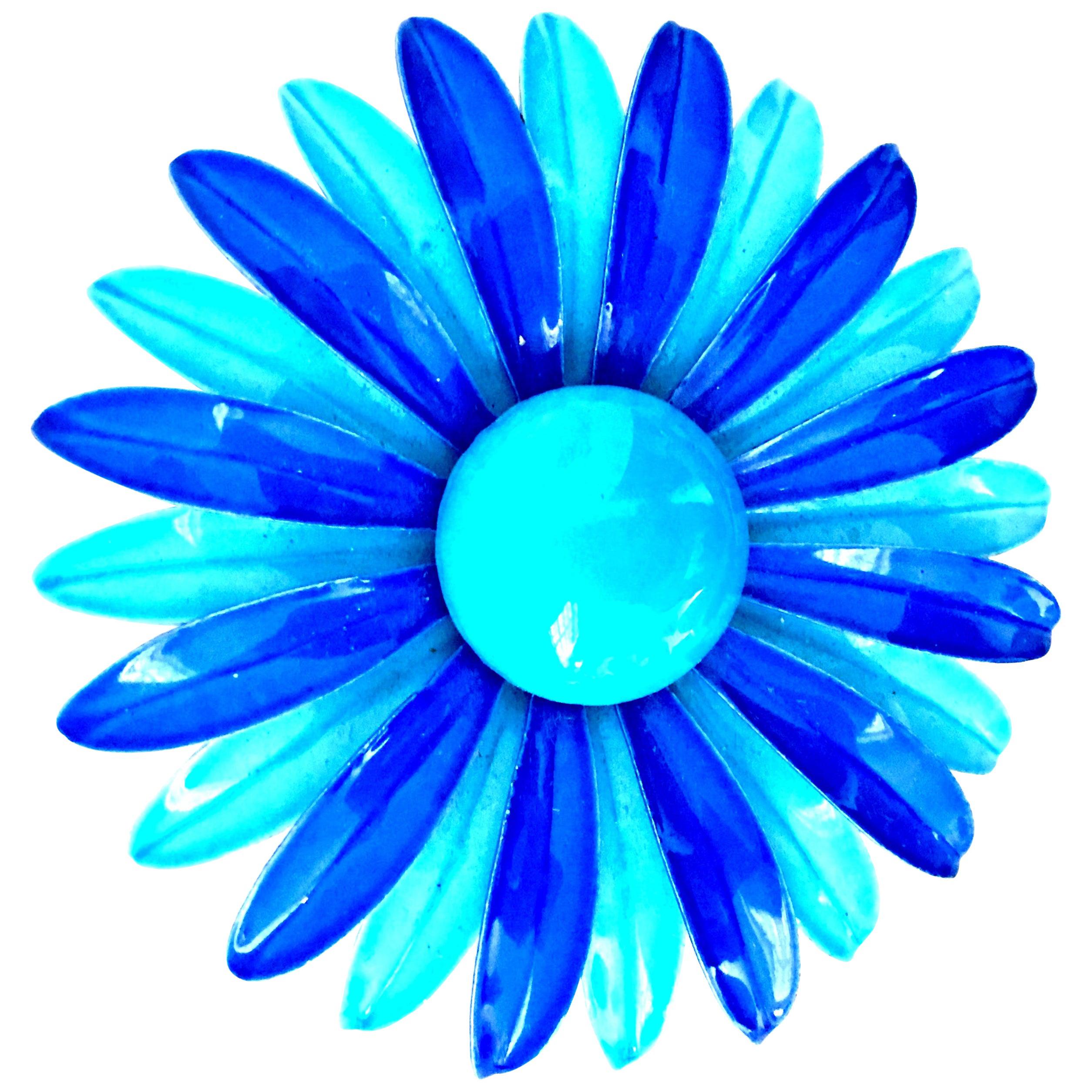 70'S "Flower Power" Enamel Two-Tone Blue Large Flower Brooch